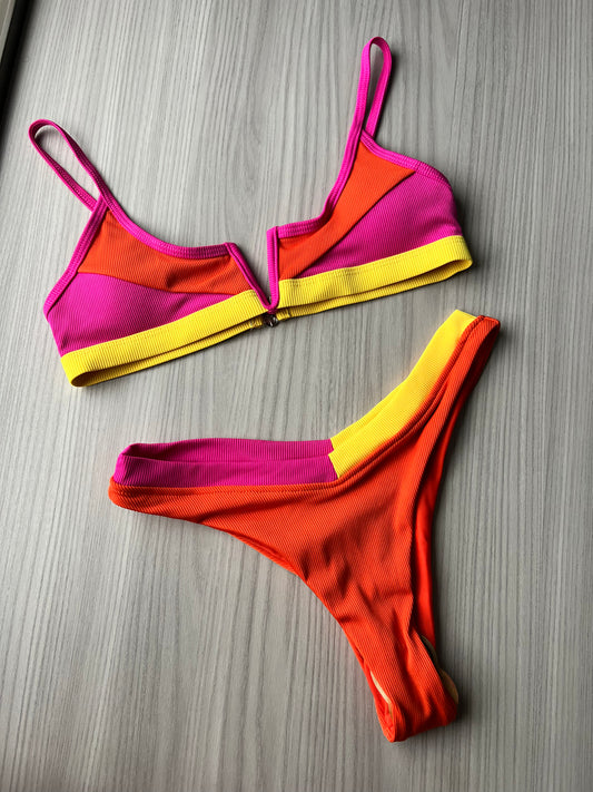 pink & orange color block bikini top